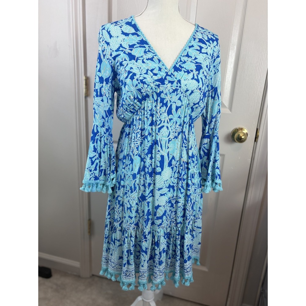 Coco + Carmen Dress Women S/M Blue Floral Metallic Tassel Bell Sleeve Excellent